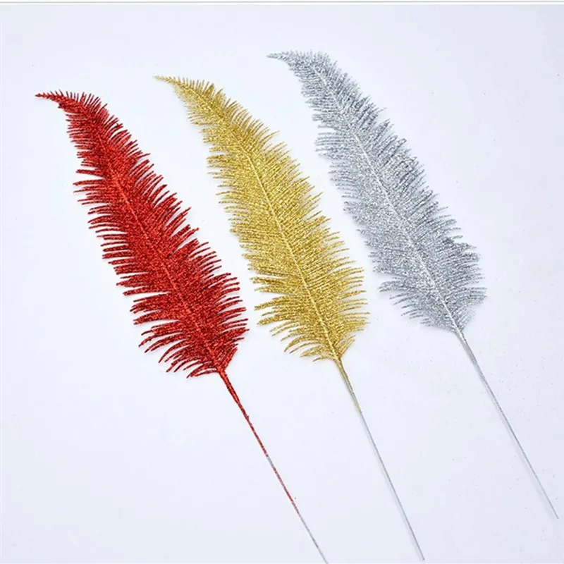 20pcs 42CM For christmas decoration artificial plastic feather leaf Xmas leaves gold dust powder silver red