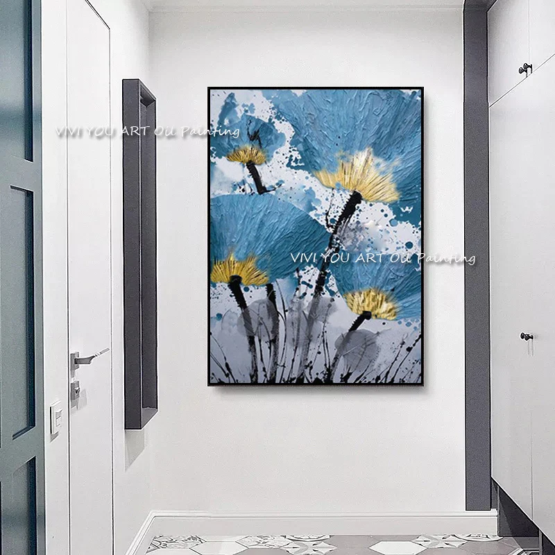 

100% Handmade Blue Plant Flower Oil Painting Abstract Poster Nordic Canvas Wall Art Modern Picture Living Room Decoration