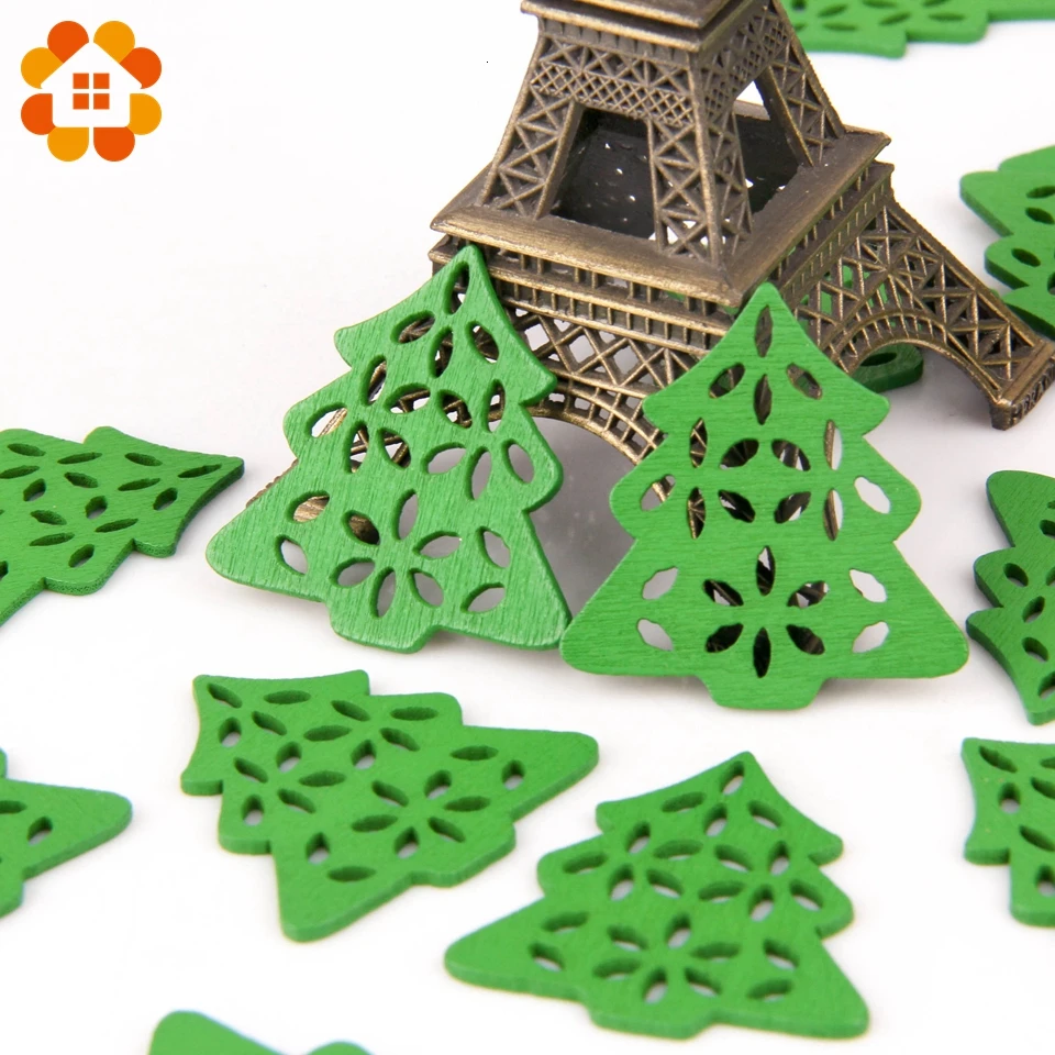 50PCS/lot Multi Colorful Christmas Series Wood Chip Pendant Christmas Tree Decorations Star Heart Snowflake XMAS Ornaments Decor