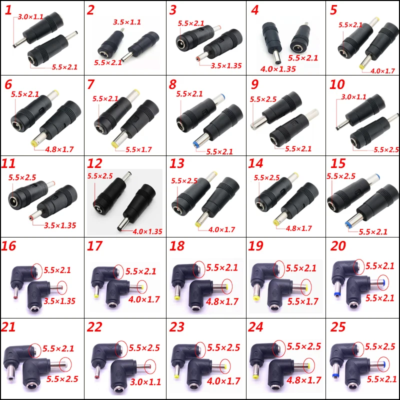 DC Connector 5.5 x 2.1/2.5mm Female to 3.0×1.1、4.0×1.35、4.0×1.7、5.5×2.1、5.5×2.5mm Male Plug Converter Laptop Power Adapter