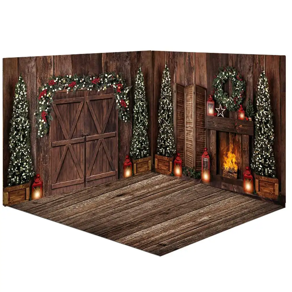 Mocsickaクリスマスの背景、フローリング、ドア、暖炉、クリスマスツリー、新生児写真、写真の背景、スタジオ、花輪