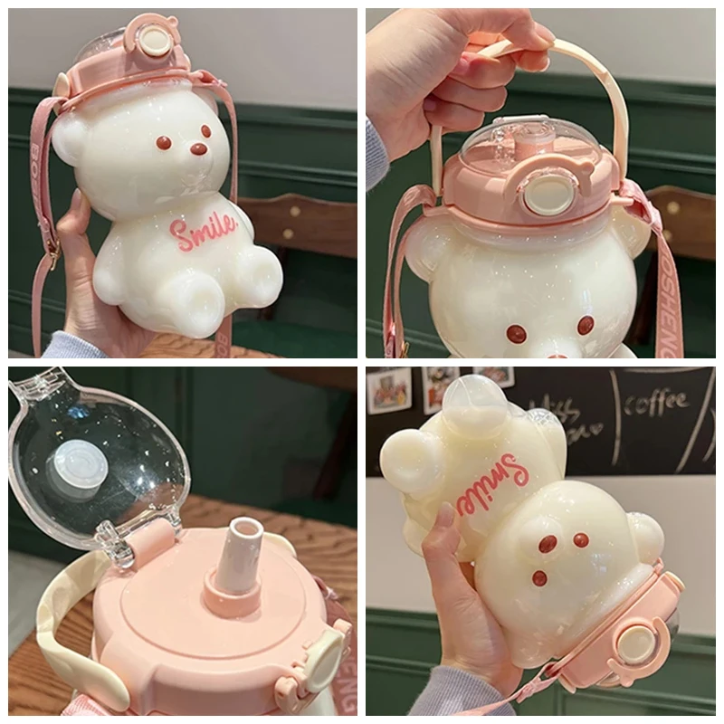 Kawaii Bear Plastic Water Bottle With Straw Portable Strap Cute Kids Bottles For Girls Summer Large Capacity Milk Bubble Tea Cup