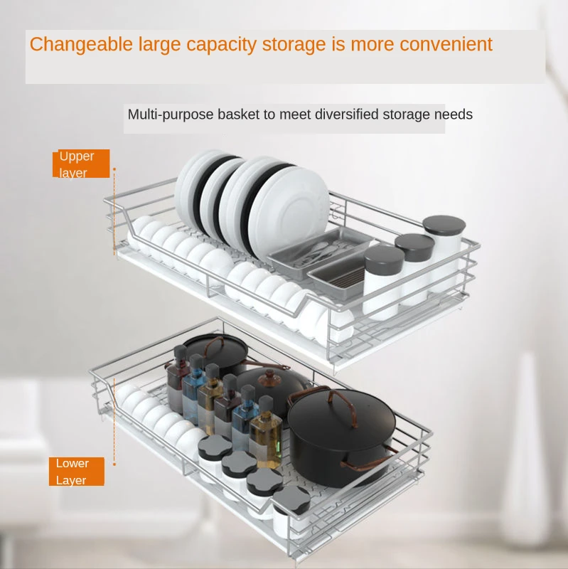 2-Tier Stainless Steel Pull Out Storage Rack Basket Kitchen Slide Cabinet Organizer Drawer Baskets Holder 600mm 700mm 800mm