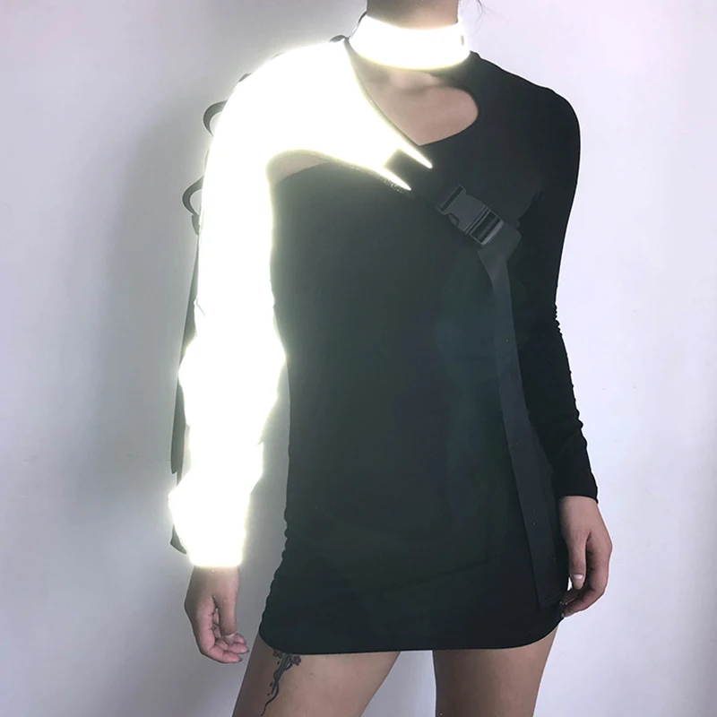 Darlingaga Streetwear Neon Halter Sweatshirt Hoodie Buckle Reflective Smock One Shoulder Women\'s Sweatshirts Holographic Outwear