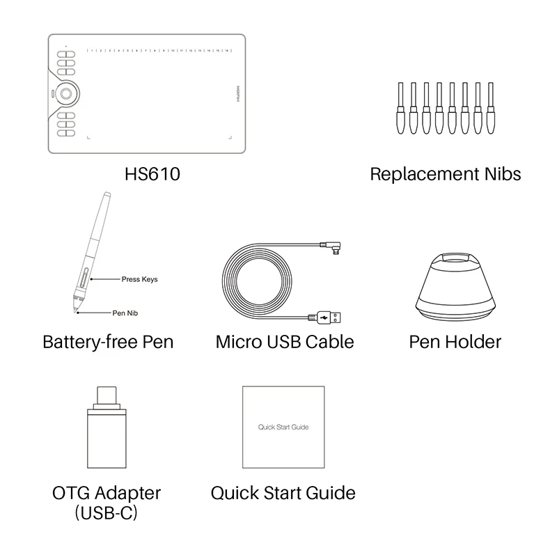 HUION HS610 Graphics Drawing Tablets Digital Battery-Free Pen Tablet Android Phone Tablet with Tilt OTG for Windows Mac OS