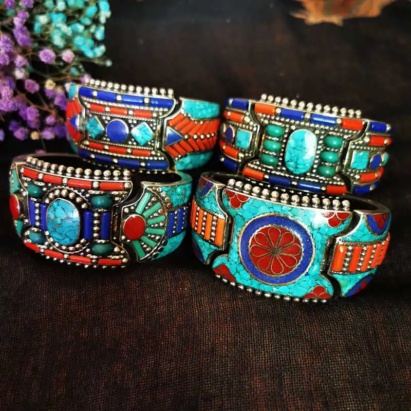 Fine Quality Vintage Dancing Open Cuff Copper Inlaid Colorful Stone Bangle Locket Nepal Vintage Jewelry for Girls BB-035