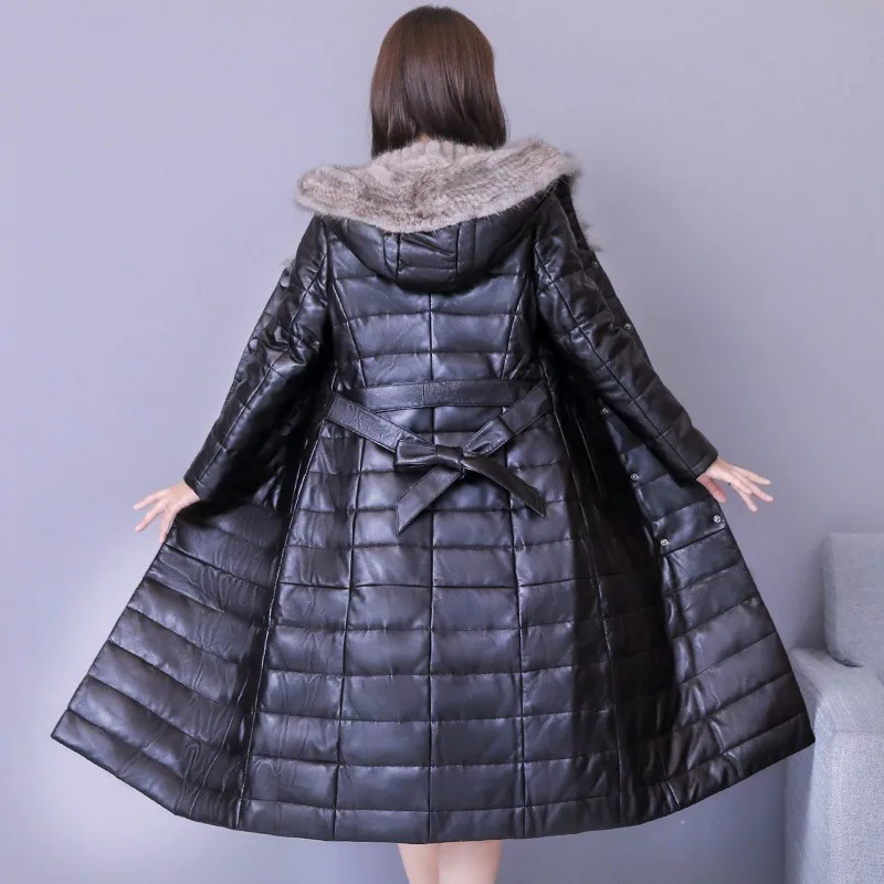 Hooded Sheepskin Long Leather Jacket Women Warm Faux Mink Fur Collar Solid Black Belt Plus Size Coat Female Fashion Winter