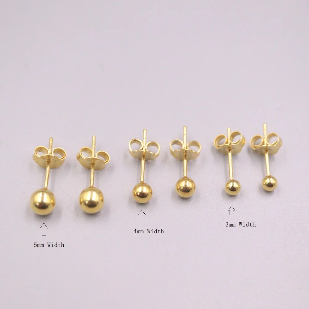 

New Real 18K Yellow Gold Stud Earrings 3mm, 4mm, 5mm Ball Shap Stamp Au750 For Woman