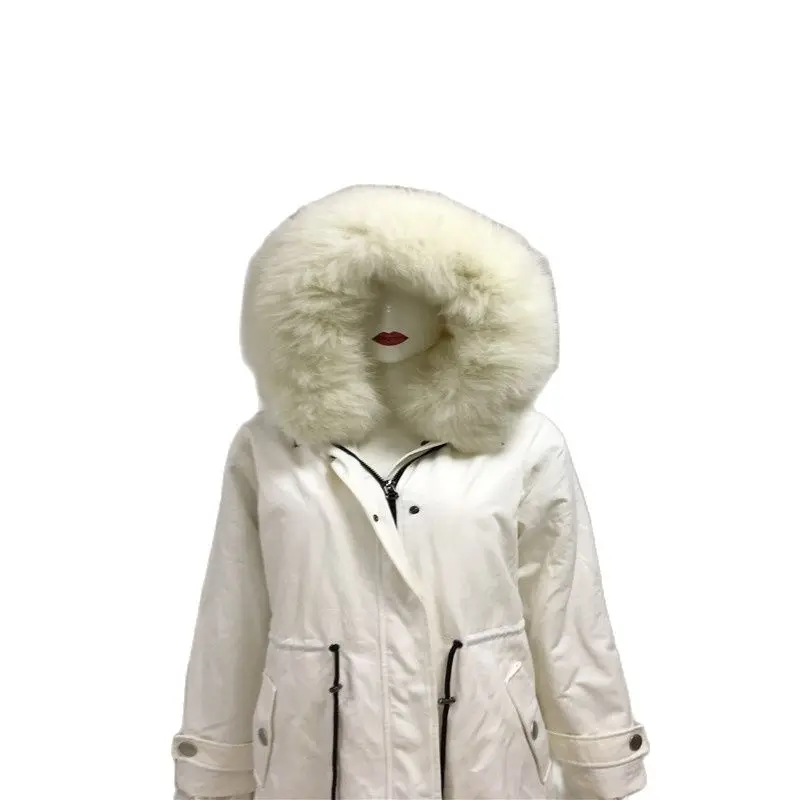 Noble Lange Parka Pure Witte Nerts Bont Gevoerde Jas Vrouwen Winter Jas Met Witte Vos Bontkraag