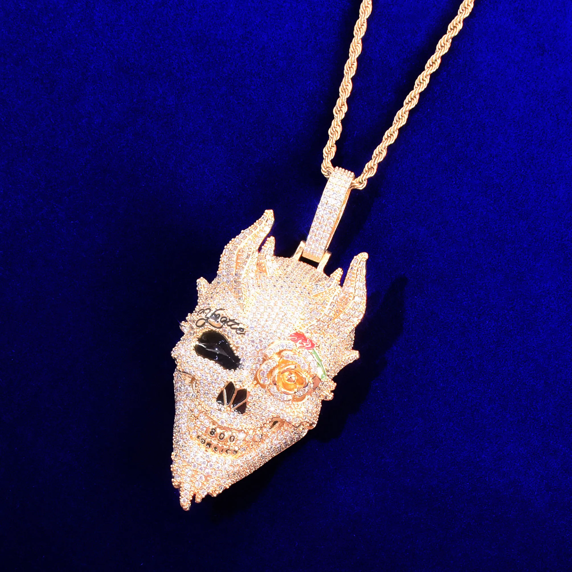 Bubble Letter Skull Men\'s Pendant Cubic Zircon Gold Color Plated Hip Hop Necklace Rock Jewelry