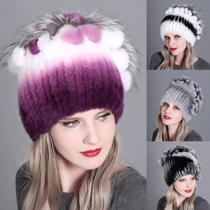 

Elegant Princess Rabbit Fur Caps For Women Fashion Winter Thick Fox Fur Flowers Striped Fur Beanies Hats Kniting Warm Snow Caps