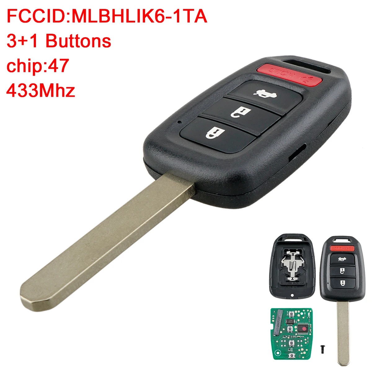 

3+1Button 433MHz Keyless Remote Car Key Fob ID47 Chip MLBHLIK6-1TA Keyless Entry Transmitter for Honda Civic 2016 2017 2018 2019