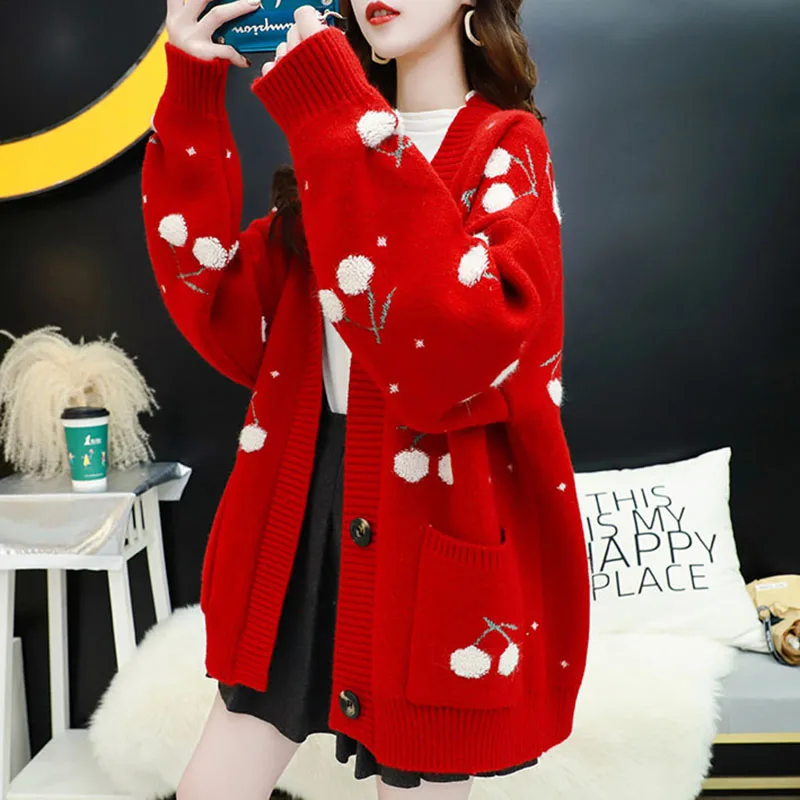 Women Sweater Cardigan Jacket Winter Loose Warm Knitwear Fruit Cherry Embroidery Knitted Cardigan Autumn 2024 V Neck Casual