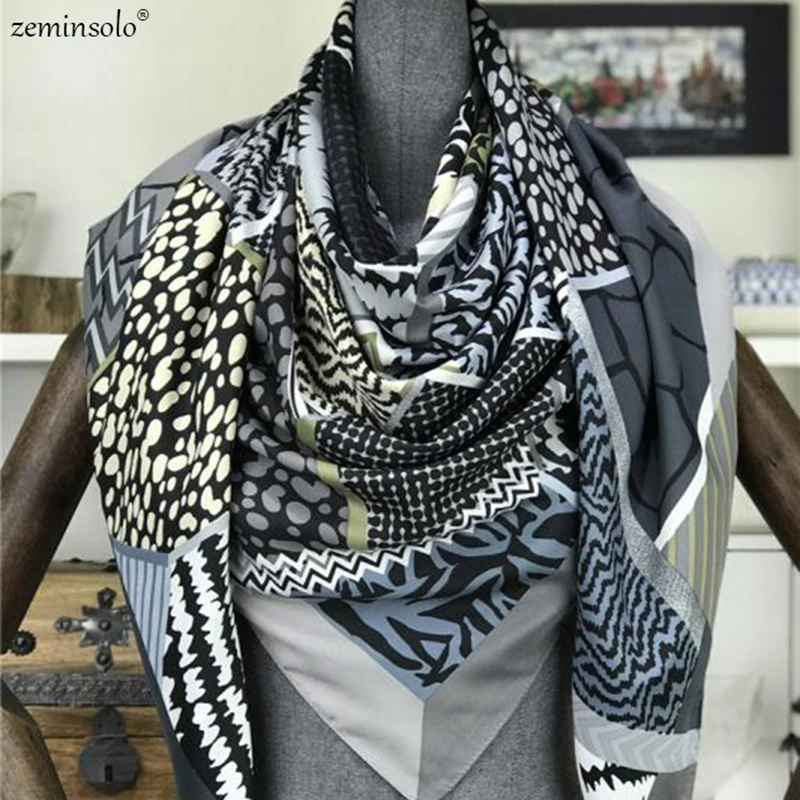 Bufanda cuadrada de sarga 130 de seda para mujer, pañuelo de marca de lujo, 130 x 100% cm, Hijab, chal de moda