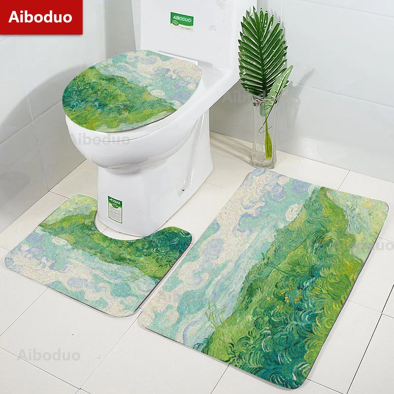 

Aiboduo Landscape Art NonSlip 3pcs/set Toilet Lid Cover Set Home Decoration White Clouds BathMat Absorbent Restroom Carpet Rug