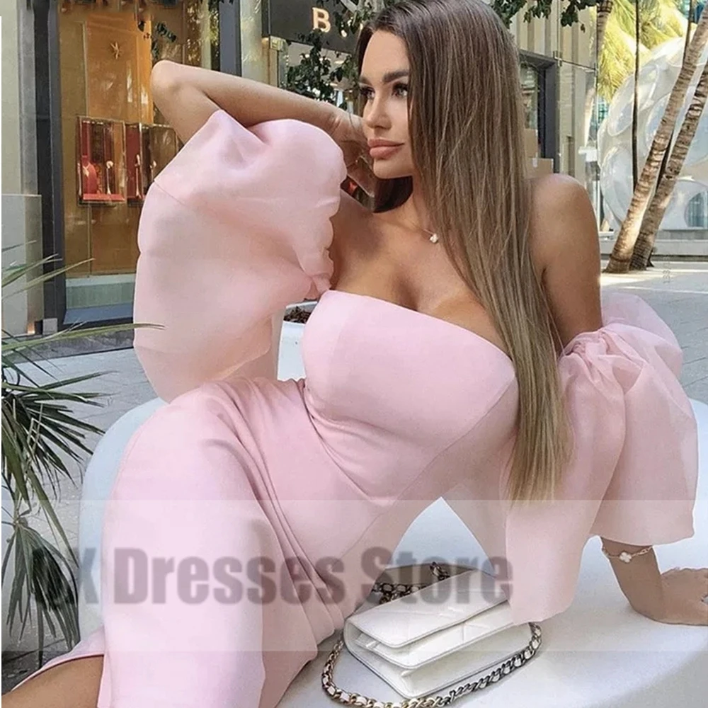 Customized Sexy Pink Strapless Tea Length Cocktail Gowns Off The Shoulder Pleated Mermaid Homecoming Party Dress For Woman 2022