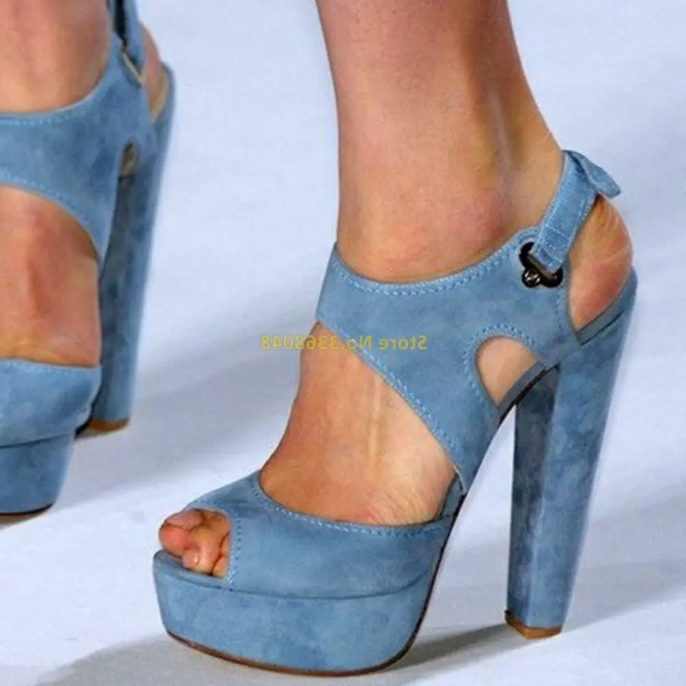 

Suede Peep Toe Sandals Block High Heel Ankle Strap Cut Out Solid Runway Dress Women Summer Shoes Platform Ladies Sandals