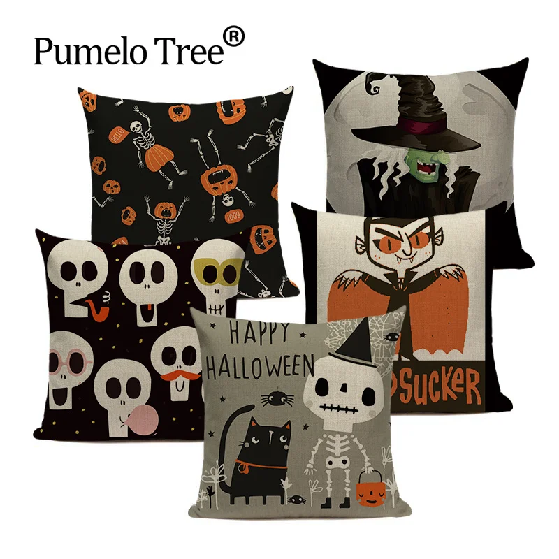 45X45cm Happy Halloween Trick or Treat Pumpkin Print  Linen Festival Throw Pillow Cover Decorations for Party Holiday Decoration