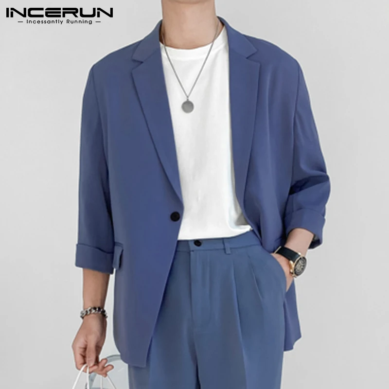 INCERUN Fashion Men Blazer Streetwear Solid Color Lapel 3/4 Sleeve One Button Leisure Suits Men 2023 Casual Thin Jackets S-5XL