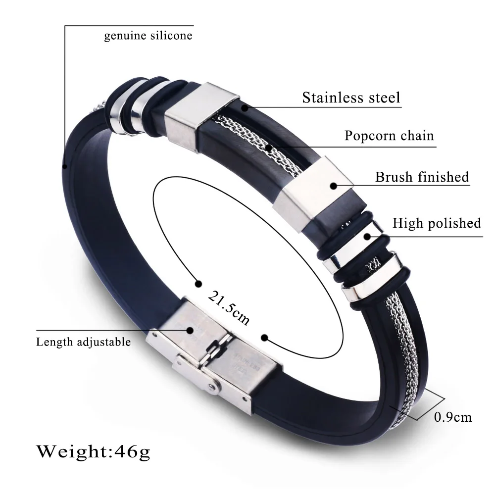 Stainless Steel Black Silicone Grooved Mesh Popcorn Chain Bracelet 2024 Trend Casual Punk Style  Men's Wristband Bracelet