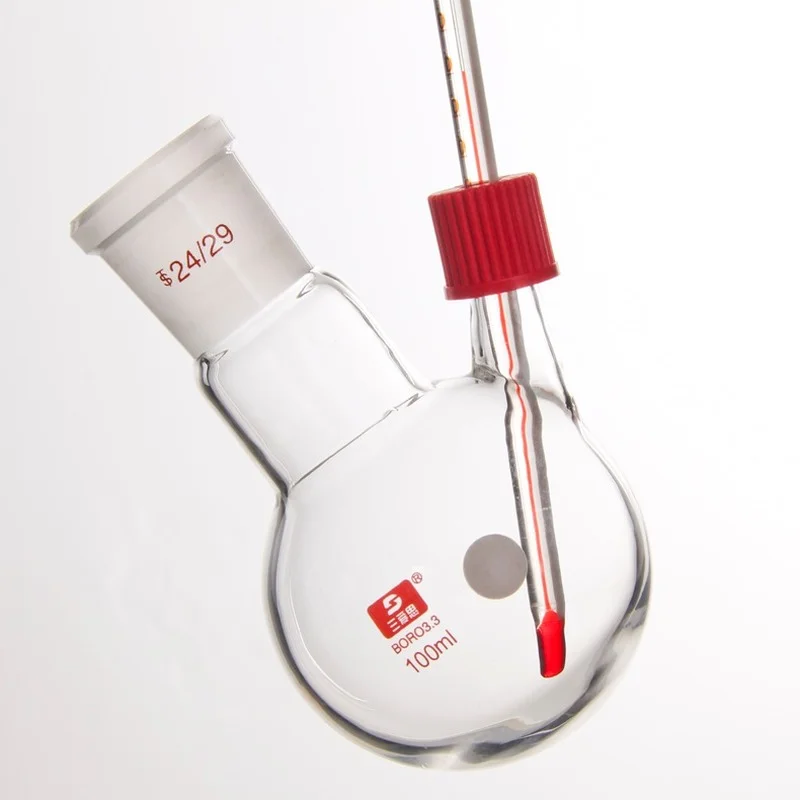 Inclined Two Port Flask, Round Bottom Reaction Bottle, Threaded Two Port Spherical Bottle, Screw Can Insert Thermometer