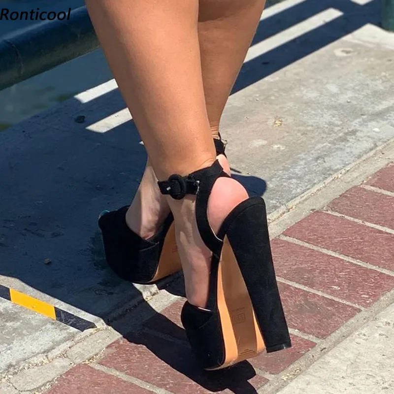 Ronticool 2021 New Stylish Women Summer Platform Sandals Ankle Strap Chunky Heel Open Toe Elegant Black Dress Shoes US Size 5-20