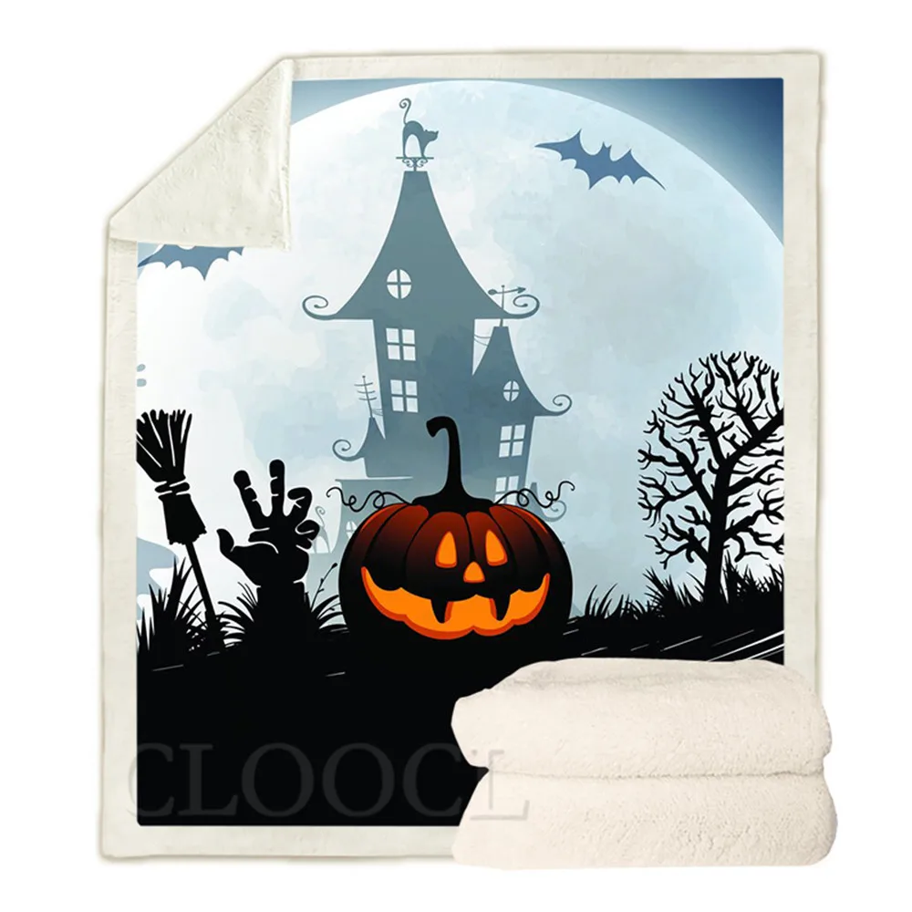 

HX Halloween Blankets Moonlit Castle Pumpkin 3D Printed Blanket Fastival Party Gifts Funny Keep Warm Plush Quilts