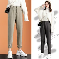 New Fashion Korean Woolen Harlan Loose Daddy Pants Women'S 2024 Autumn And Winter Leisure High Waist Nine Point Radish Trousers