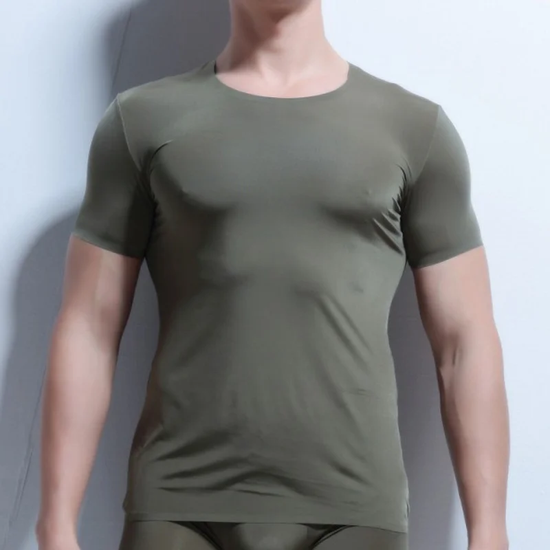 Man Undershirt Ultra-thin Ice Silk Transparent Short Sleeve T-shirts Male Breathable Tops Tee Stretch Tracksuit Tops Plus Size