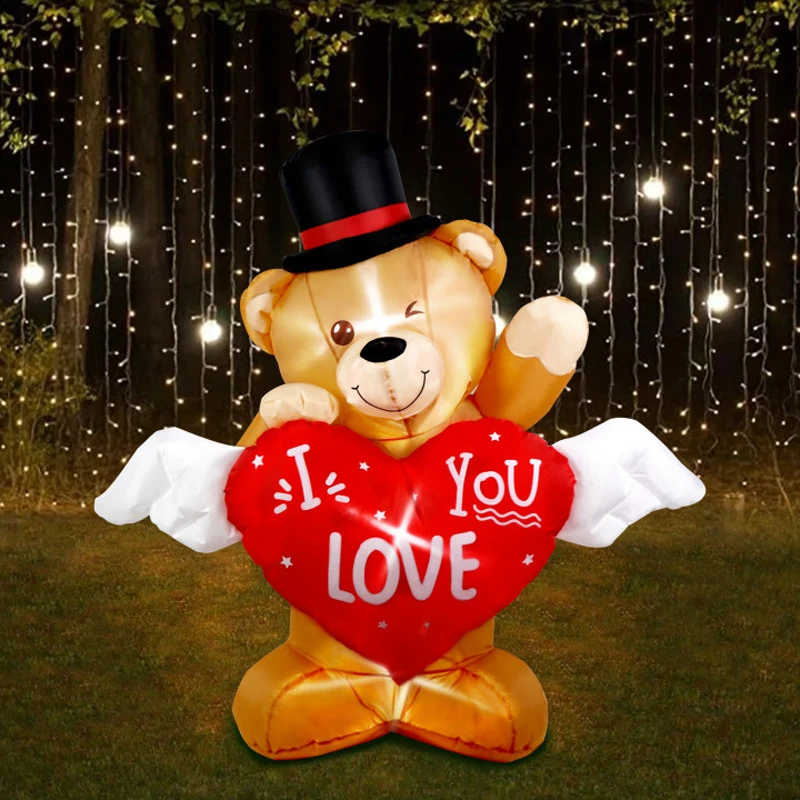 Valentine's Day Inflatable Brown Bear with Love Heart Outdoor Toys Blow Up Decoration Romantic Sweet Valentines Gift for Couples