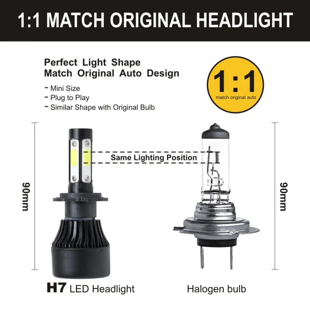 2Pcs Auto Car H4 H7 LED Headlights 6500K 12000LM 12V H1 H11 COB Bulbs Hi Lo beam 2 / 4 Diodes Automobiles Near Far Light