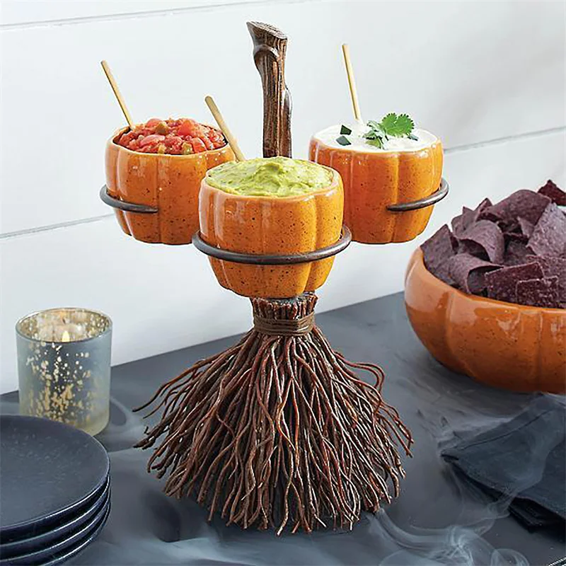 

Halloween Broom Pumpkin Snack Dessert Bowl Rack Witch Sorceress Broom Holder With Pumpkin Bowl Halloween Party Decoration