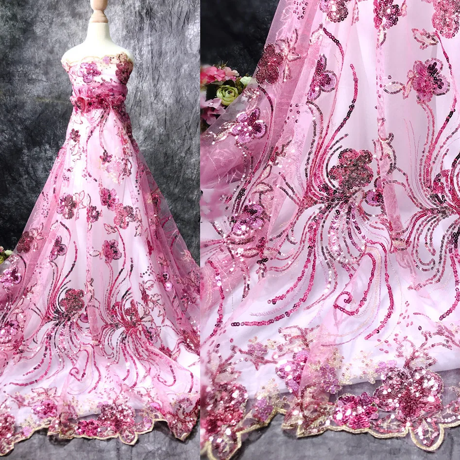 Fotografia 4: Novo rosa safira azul grande flor 3d lantejoulas bordado malha tecido desempenho roupas flor bordado tecido de renda