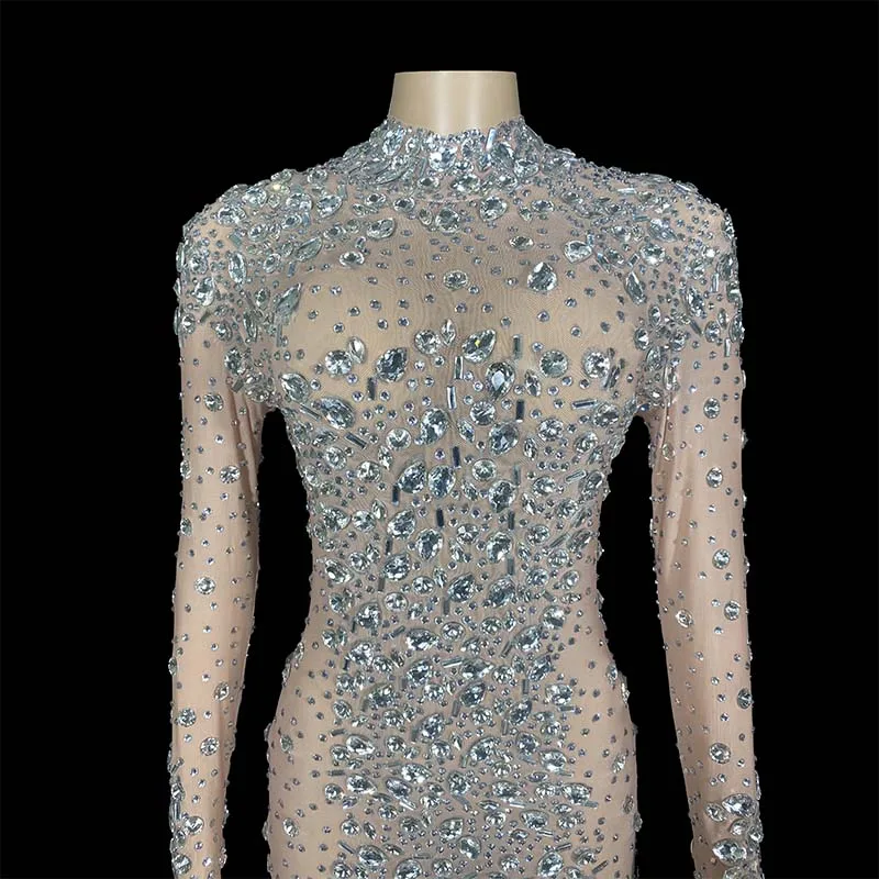 Imagem -05 - Strass Brilhante Vestido Longo Transparente Prata Brilhante Grande Luxuoso Noite Aniversário Celebração Bailarino Fantasia Casamento Piscando