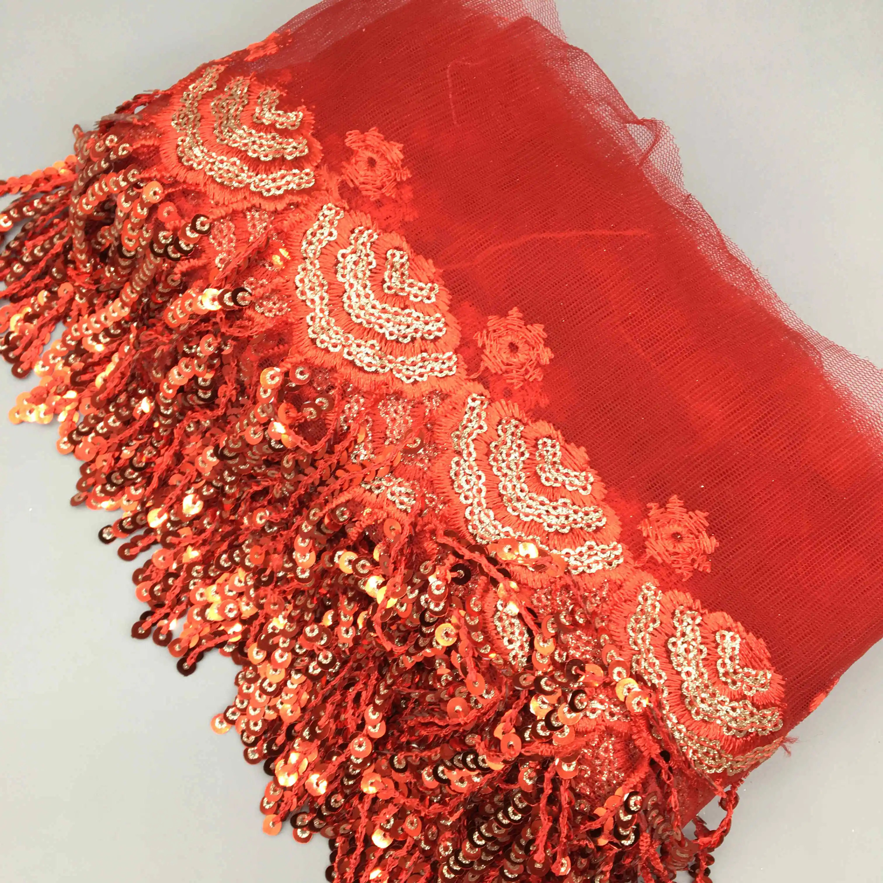 5 yards Red Voile Gold Clouds Sequin Fabric Tassel Lace Trim Ribbon Fabric Sewing Craft For Costume Wedding Dress Decoration