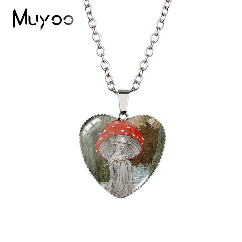 2021 New Vintage Fairy Stories Girls and Frogs Mushroom Oil Paintings Glass Cabochon Heart Pendants Handcraft Necklace HZ3