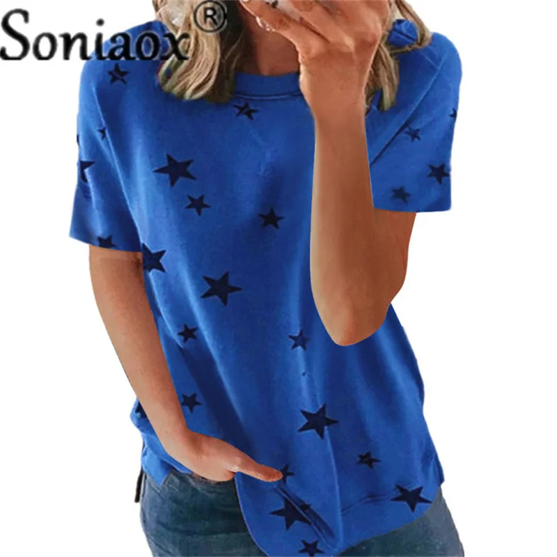 

Summer New Women Stars Stripe Geometry Printing T-Shirt Short Sleeve Casual Cotton Tops Ladies Side Splited O-Neck Loose T Shirt