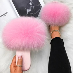 Women's Slippers Summer Sandals Real Fox Fur Slides Fluffy Flip Flops Silk Furry Fur Slippers Indoor Fashion Shoes Flat Heels