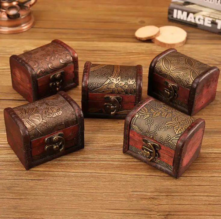 100PCS Retro Small Wood Storage Box With Metal Lock Decorative Trinket Jewelry Treasure Pearl Wooden Case Vintage Organizer SN