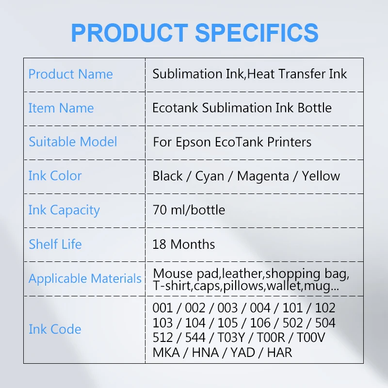 103 001 Sublimation Ink For Epson 001 002 003 004 101 102 104 105 106 502 504 512 532 544 T03Y L3150 L3110 L4150 L4160 70ML