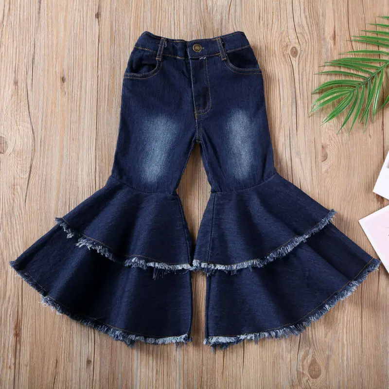 New Fashion Toddler Kid Baby Girls Bell-Bottoms Pant Denim High Waist Wide Leg Jeans Trousers Pants 3-7 Y