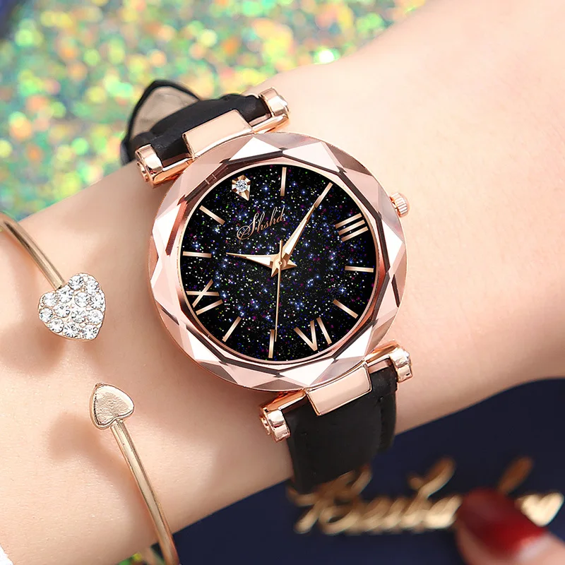 Reloj de pulsera con diamantes de imitación para mujer, reloj de cuero con cielo estrellado romántico, a la moda