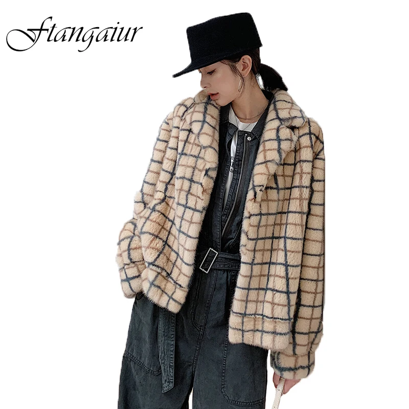 Ftangaiur Winter Import Purple Standard Velvet Mink Fur Coat Women Striped Plaid Short Slim  Natural Real Mink Fur Coats