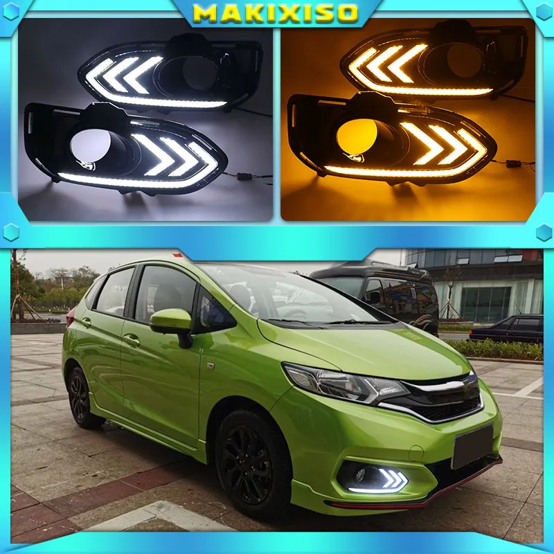 2pcs LED DRL Daytime Running Lights Daylight Fog Lamp Cover With Turn signal lamp For Honda jazz fit 2018 2019