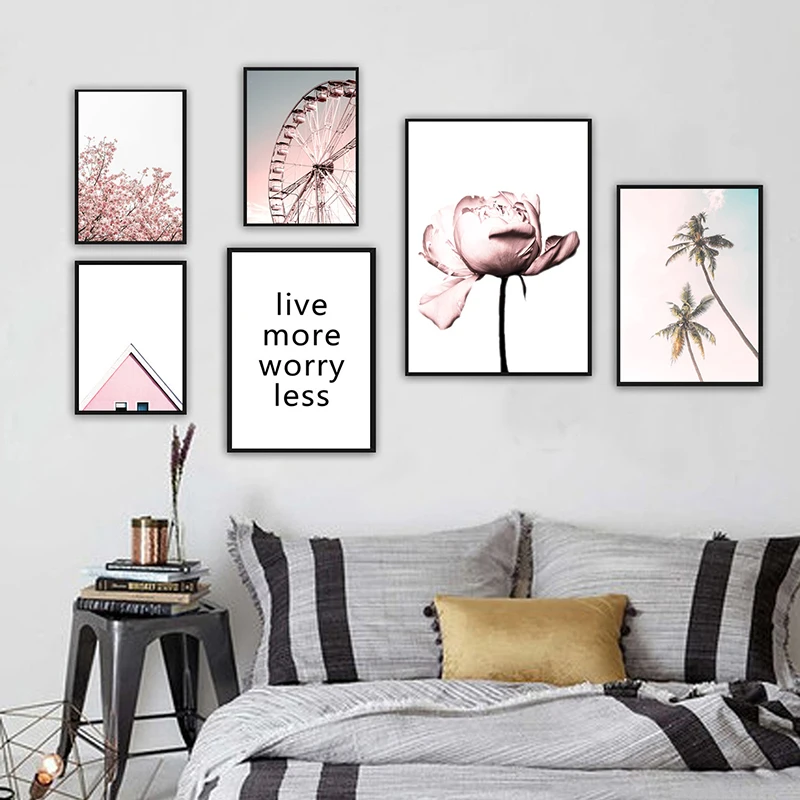 Nordic Style Blush Pink Flower Sky Ferris Wheel Poster And Prints Wall Art Palm Trees Canvas Painting Roof Building Pictures