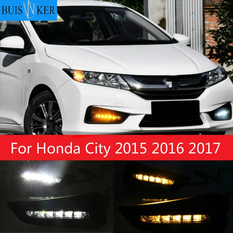 

LED daytime Running Lights for Honda City 2015 2016 2017 fog lamp cover drl with yellow turn signal light car styling