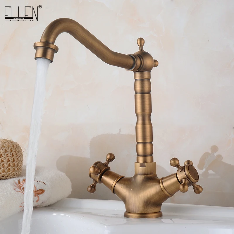 

Antique Bronze Bath Sink Faucets Dual Handle Single Hole Hot Cold Water Mixer Crane Kitchen Faucet ELF678