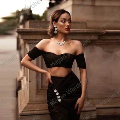 Chic Fashion 2 Pieces Black Stain Women Outfits Sexy Off Shoulder Short Tops And Side Split Long Mermaid Skirts For Casual Wear