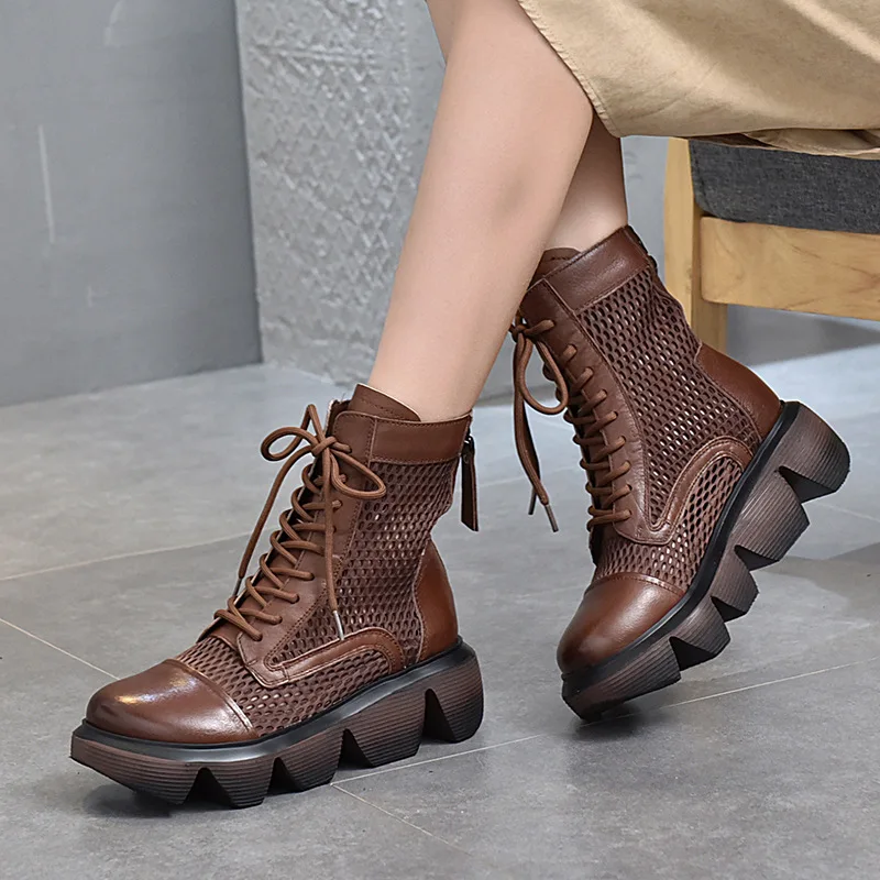 

Casual Sandals Cowhide Sandals Women 2021 Spring and Summer Martin Boots Women's Thick-soled Wedges Genuine Leather Mesh Shoes