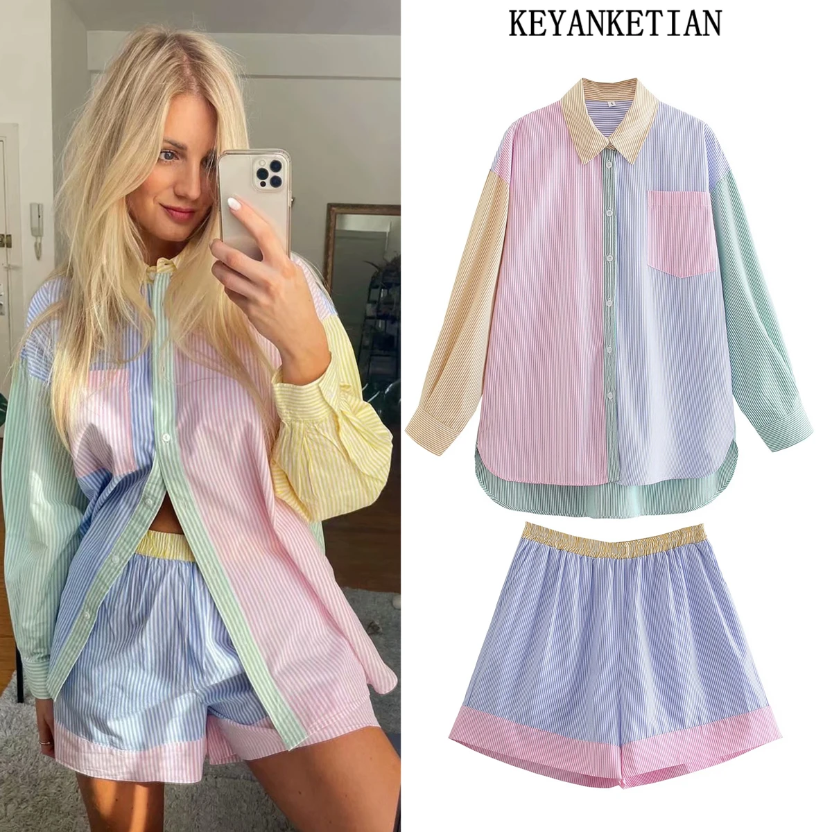 KEYANKETIAN women's fashion hit color striped print top ladies buttoned casual top shorts shirt two-piece summer